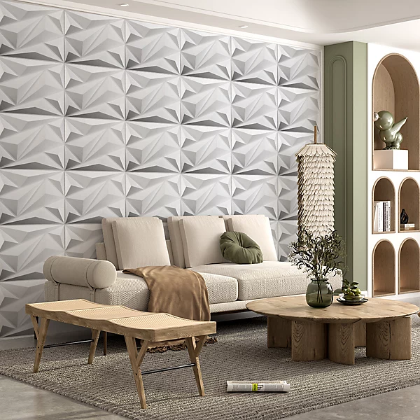 Salon moderne chaleureux avec canapé crème et mur 3D géométrique réalisé par jordan harkat à montauban