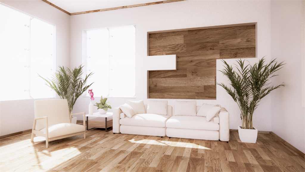 Salon minimaliste lumineux avec sol bois clair posé par jordan harkat à montauban